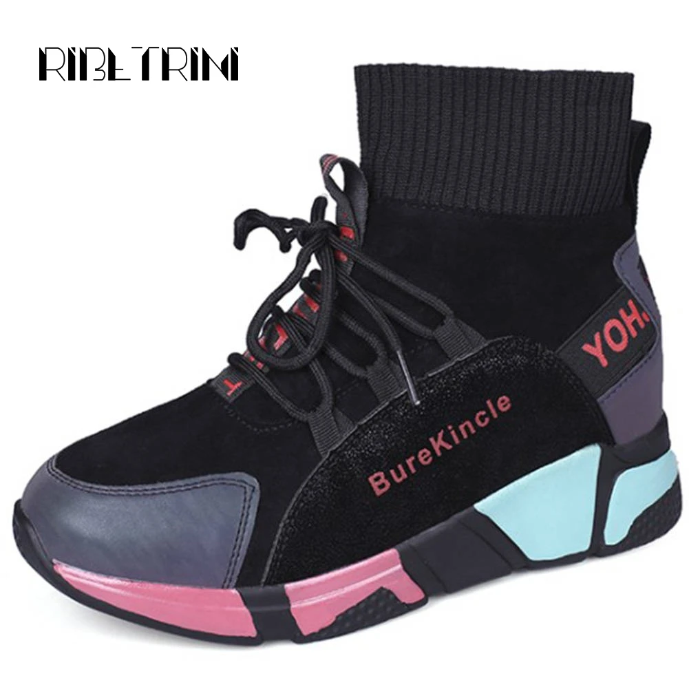 

RIBETRINI Fashion Women Sock Style High Top Snekaers 2019 New Lace Up Thick Platform Shoes Woman Autumn Casual Dress Sneakers