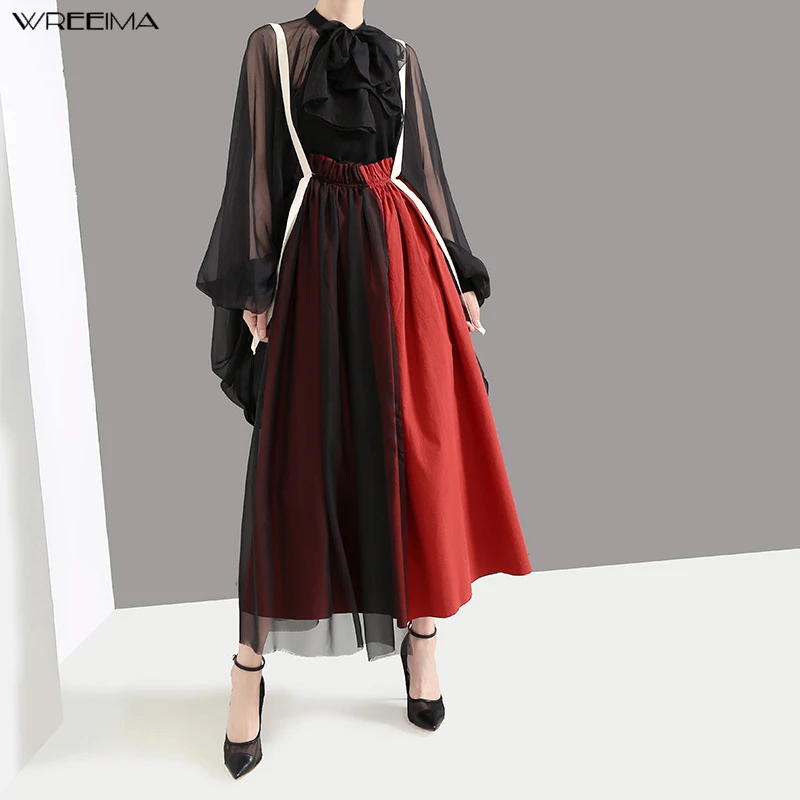 

wreeima red High Elastic Waist Mesh Skirt Split Joint Contrast Color Half-body maxi Skirt Black patchwork Women casual Autumn