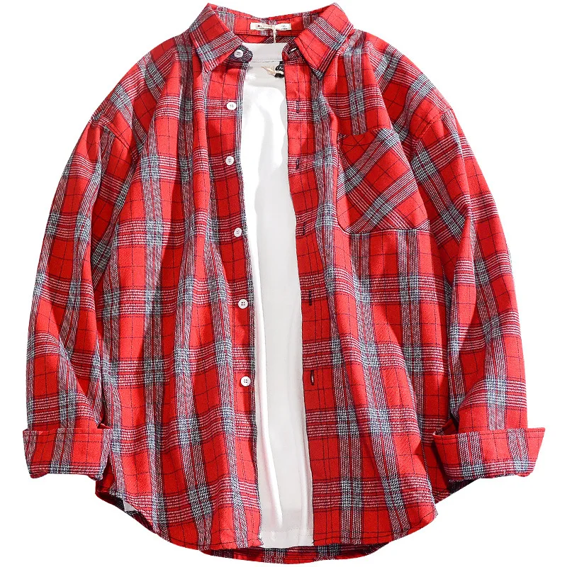 FGKKS мужские клетчатые рубашки с длинными рукавами, модные брендовые мужские удобные трендовые рубашки, осенние новые тонкие мужские рубашки с отворотом - Цвет: Red