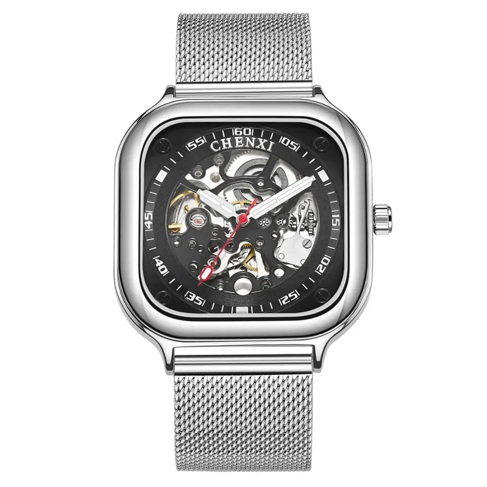 

TurnFinger Watche Square Creative Fashion New Automatic Hollow Mechanical Watch Men's Mesh Belt Waterproof Mechanical Watch