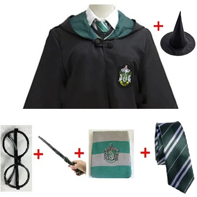Гриффиндор костюмы свитер в стиле Гарри Поттера плащ костюм Гермиона школьная форма Ravenclaw Hufflepuff Слизерин Косплей халат D2103AD - Цвет: Slytherin 6pcs set