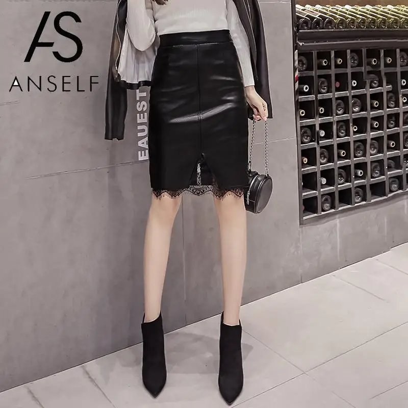 Женская юбка из искусственной кожи с цветочным кружевом и высокой талией, юбки женские молнии, юбка средней длины, элегантная женская юбка для вечеринок