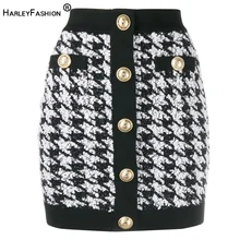 Осень Весна Европейский дизайн качество Хаундстут шаблон Тонкий Тощий Мини прямые пуговицы твидовая юбка