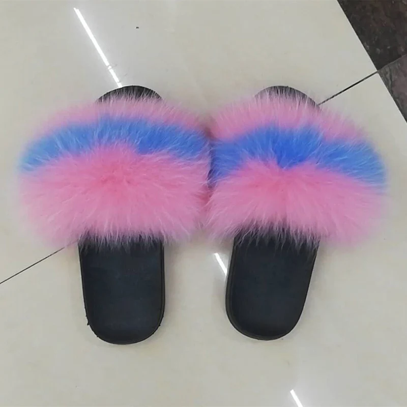 Женские Вьетнамки; зимние домашние тапочки; коллекция года; Разноцветные домашние тапочки с лисьим мехом; Повседневная обувь; домашняя женская обувь для улицы - Цвет: Pink SkyBlue