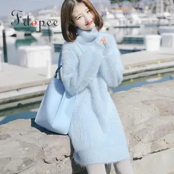 

2019 Winter Sweater Women High Collar Loose Knitted Bottom Solid Color Water Velvet Long Section Long Sleeve Comfort Pullover