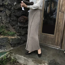 Realshe, длинные юбки для женщин, s, юбка макси, высокая эластичная талия, однотонная, трикотажная, Jupe Femme,, весна-осень, Женская длинная юбка с разрезом