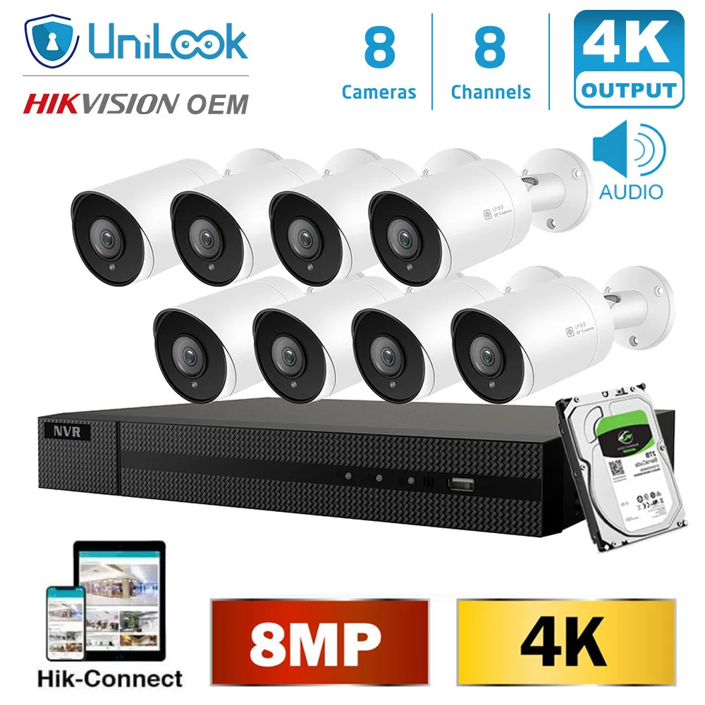 

UniLook H.265+ 8CH 8MP 4K POE NVR Kit CCTV System IR Outdoor Audio Video 4K Security Systems 2.8mm Wide angle HIK Connect