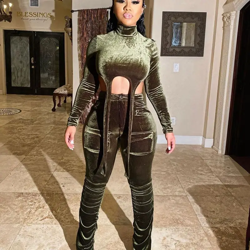 Ceny HAOYUAN aksamitna dwuczęściowy zestaw kobiet Rave odzież festiwalowa krótki top i garnitur ze spodniami śliczne 2 sztuka pasujące zestawy jesień zima stroje