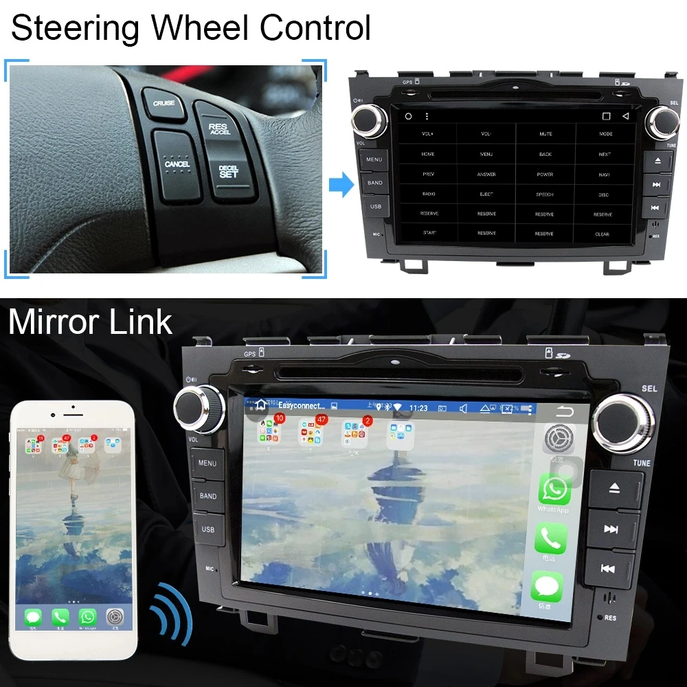 Perfect Eunavi 8 inch Android 9.1 2 Din Car DVD Player Radio GPS For Honda CRV Cr-v 2006 2007 2008 2009 2010 2011 Head Unit Stereo WIFI 4