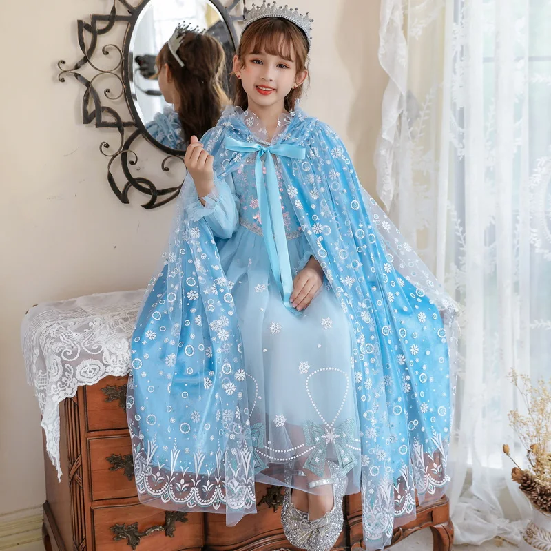 Girls Snow Queen Costumes Kids Halloween Birthday Party Blue Princess  Dresses Children Winter Velvet Long Sleeve Printing Dress - AliExpress