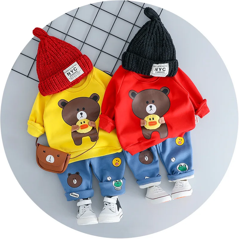 

2019 New Style Children plus Velvet Set fu he rong Fabric Early Winter Style Bear Hug Duck Thick Long-sleeve Suit Fashion
