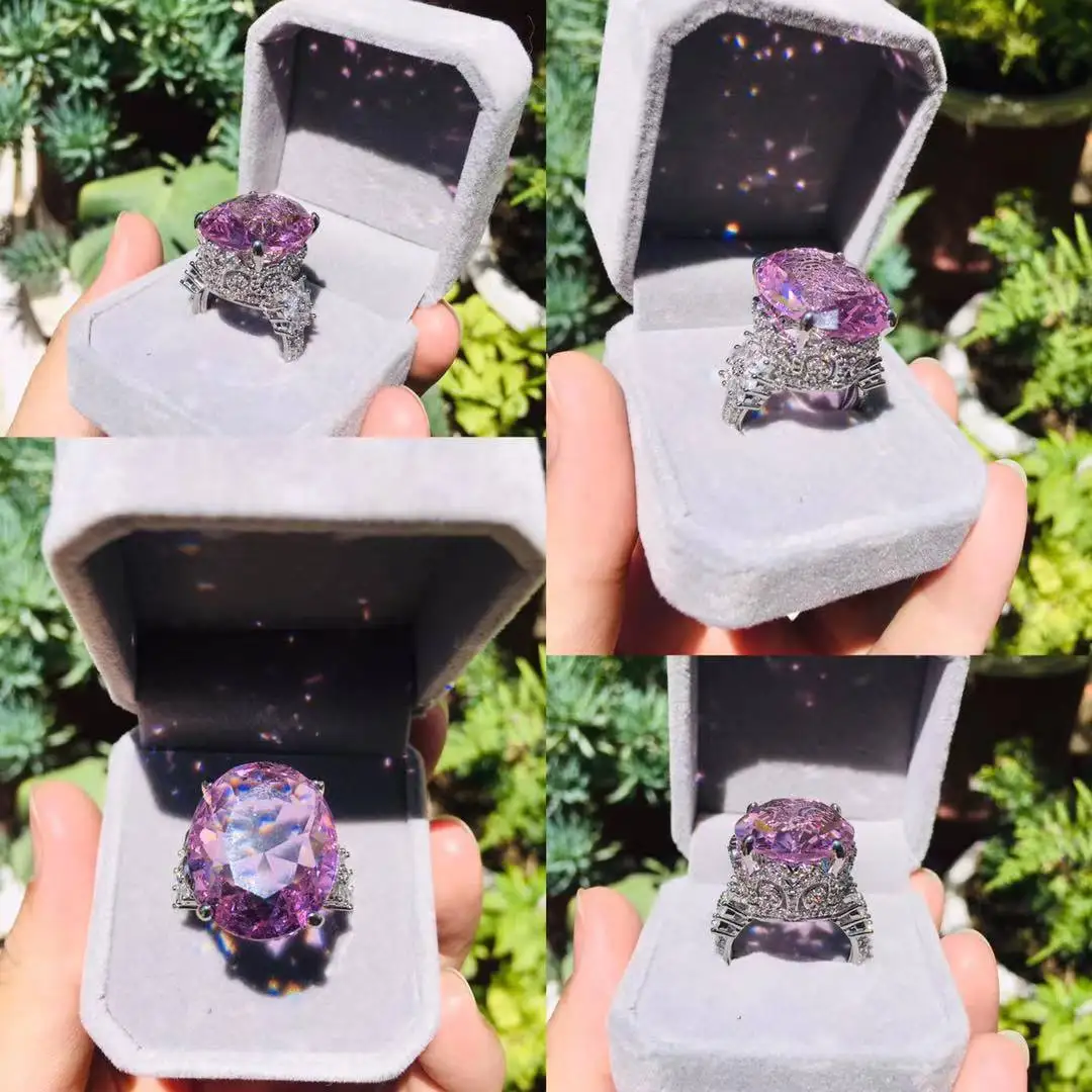 YaYI Jewelry Princess Cut 18*22mm Huge Pink Gemstone Zircon Silver Color Engagement Wedding Party Rings GIft Woman - 2