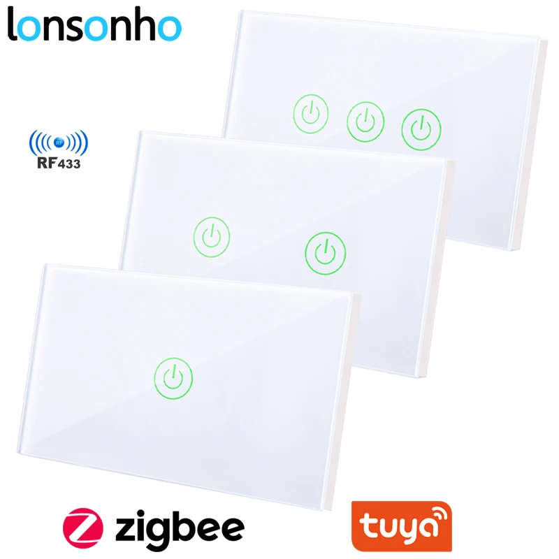 Lonsonho RF433 + Tuya Zigbee Smart Switch US Wireless Remote Control WiFi Touch Wall Light Switch Alexa Google Home