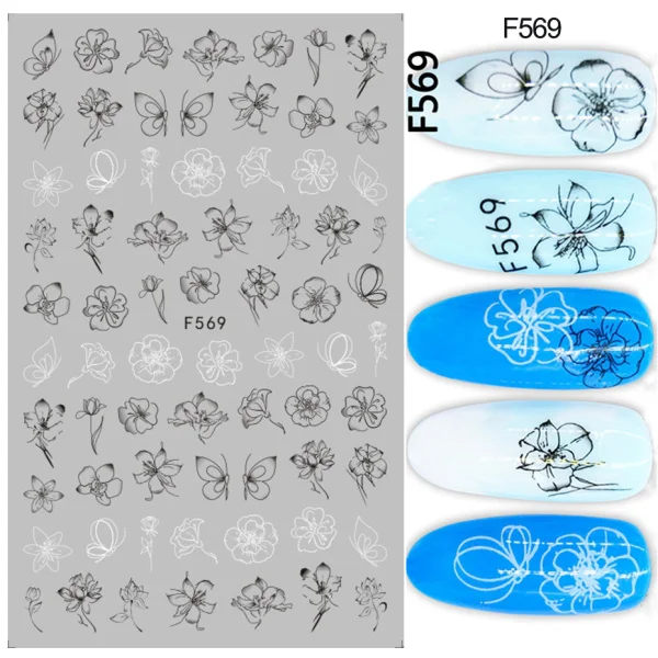 1 шт 3D наклейки для ногтей черный белый цветок клейкие наклейки из фольги буквы рисунки бабочек слайдер для украшения ногтей советы LAF555-573 - Цвет: F569