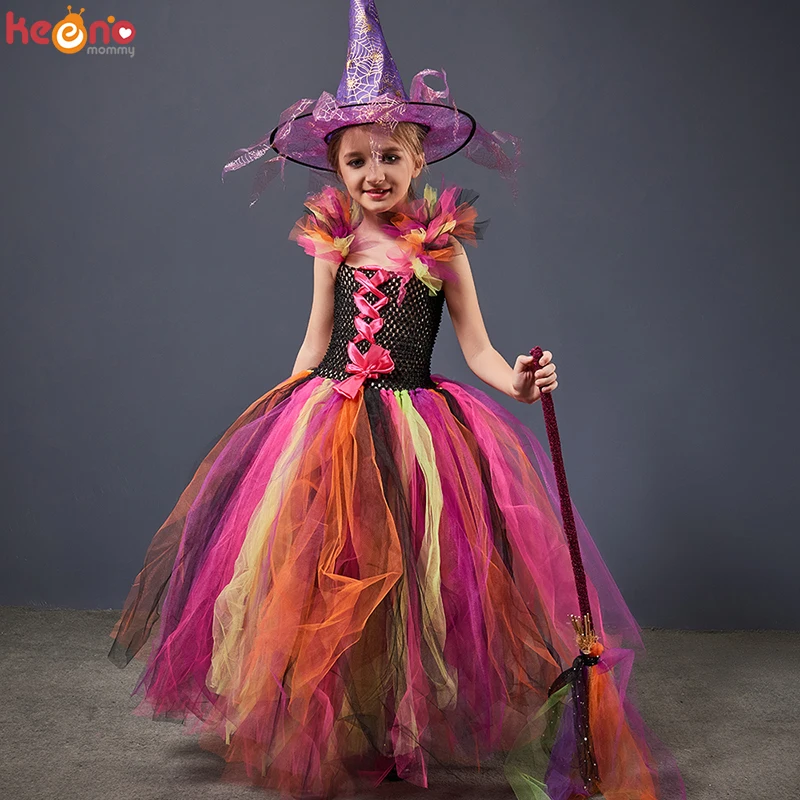 Robe Tutu de Sorcière Arc-en-ciel pour Fille, Costume d'Halloween