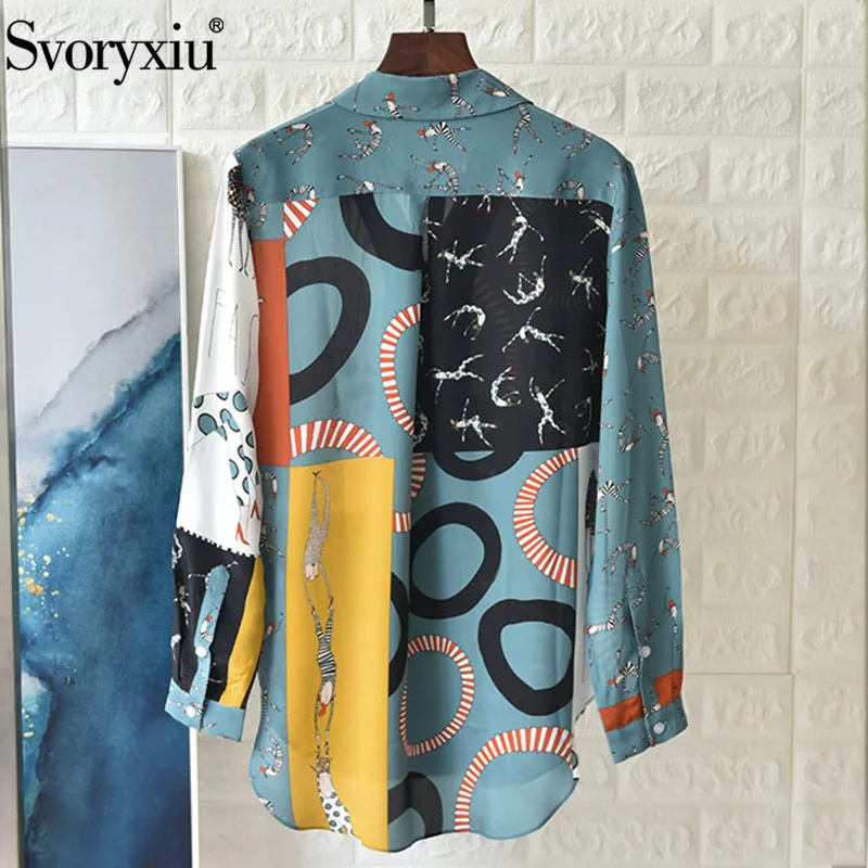 Svoryxiu Модельер Осень шелковая блузка рубашка Для женщин с длинным рукавом с абстрактным принтом высокое качество кофта, английская блузка