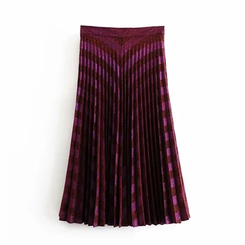 

Early spring 2020 new small pleated Retro High Waist contrast color splicing decorative metallic line pleated skirt