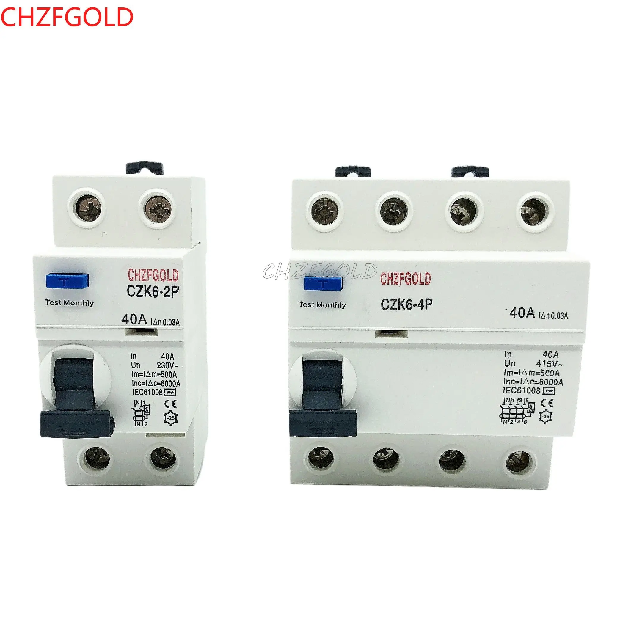 CHZFGOLD 유형 B 누전 회로 차단기 RCCB RCD Din 레일 DC EKL6-100B 4P 40A 63A 30mA 10KA