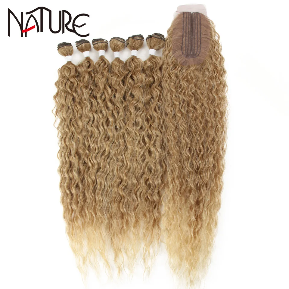 Nature Hair Afro Kinky Curly Hair Bundles Extensions With Closure Ombre Golden 30inch Soft Super Long Hair Synthetic Wave Hair