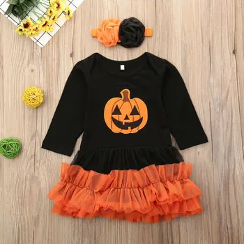 

CANIS Autumn Toddler Baby Kid Girl Halloween Pumpkin Long Sleeve Lace Patchwork Costume Dresses+Headband Fancy Outfit