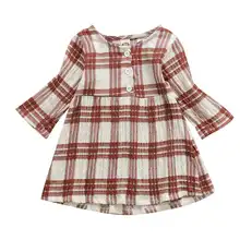 1-4Y New Kids Baby Girl Long Sleeve A-line Plaid Knee High Cotton Dress One Pieces Casual Holiday Spring Autumn Clothes