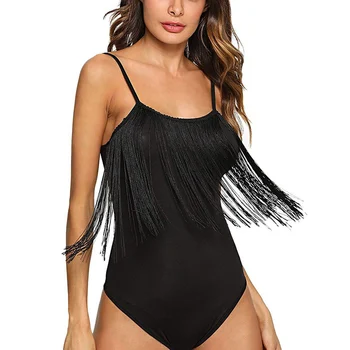 

Sexy Chest Long Tassel Women's Jumpsuit Black Wild Sleeveless Tight Bodysuit