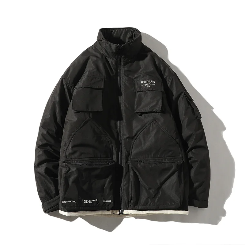 Winter new Japanese multi-pocket tooling cotton suit male loose collar collar padded coat casual jacket - Цвет: Черный