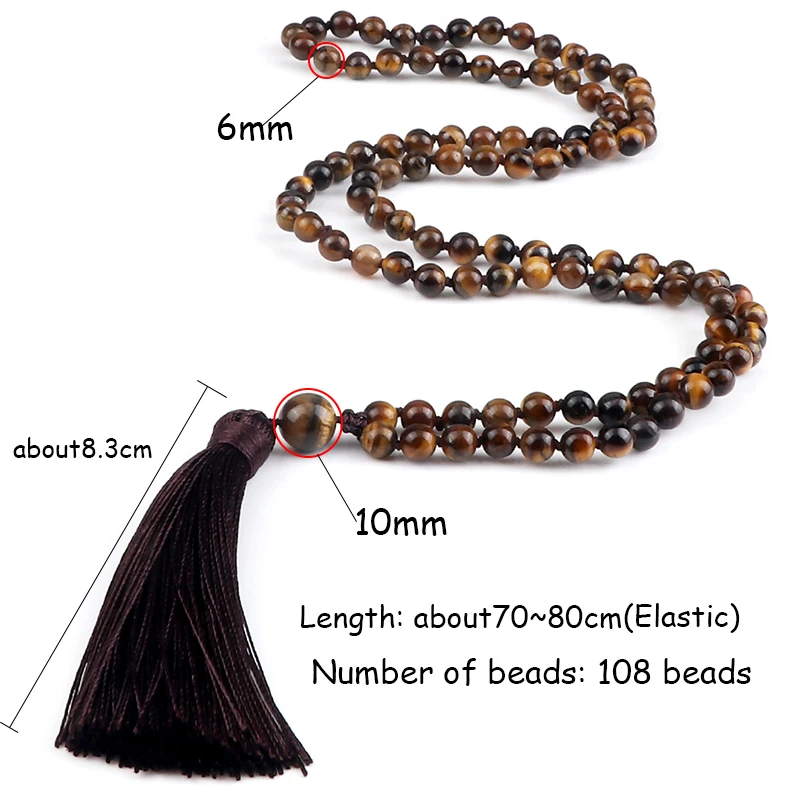 6mm Tiger Eye Stone Necklace Women Men Brown Tassel 108 Beads Mala