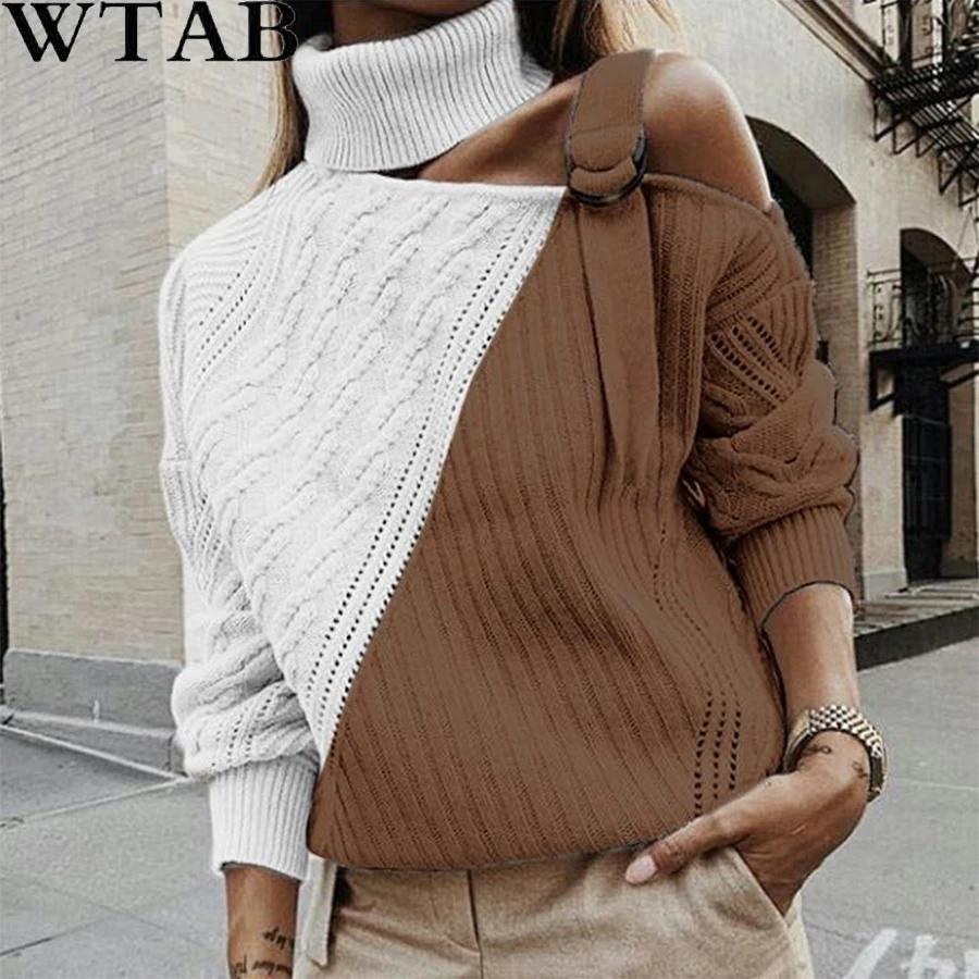 2019 Winter Autumn Fashion Ribbed Sweaters Top Turtleneck Long Sleeve Knitted Sweater Women Sexy Off Shoulder Patchwork Pullover | Женская