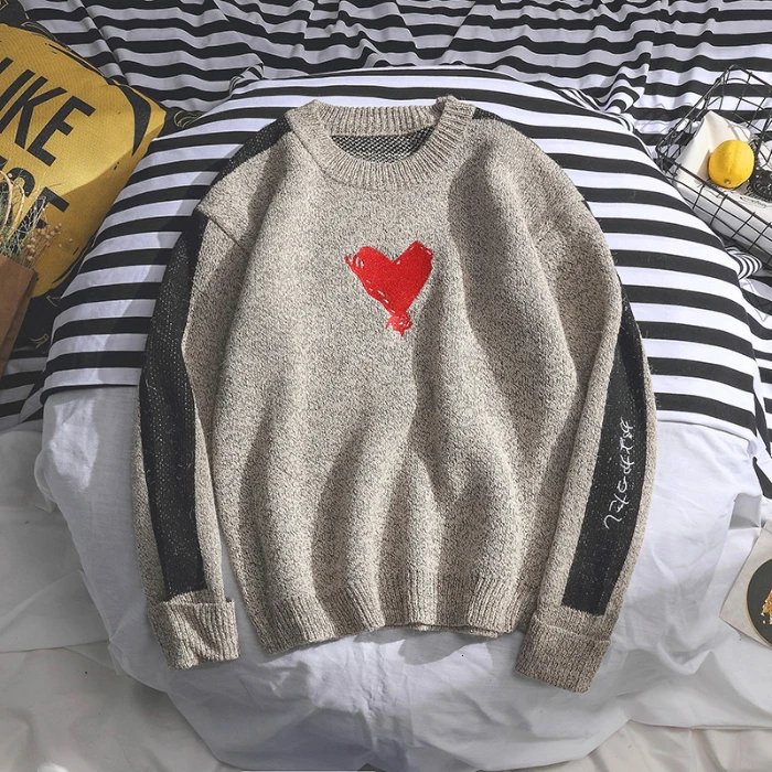 Темно-серый SINAIRSOFT Men's Heart Printing Patchwork Casual Sweater Loose Full Length Couple Wear Pullovers Letter Printed Fashion Top - Цвет: Темно-серый