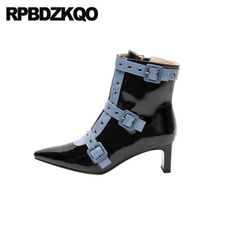 

2019 genuine leather shoes chunky black women ankle boots medium heel pointed toe pointy patent designer booties high winter new