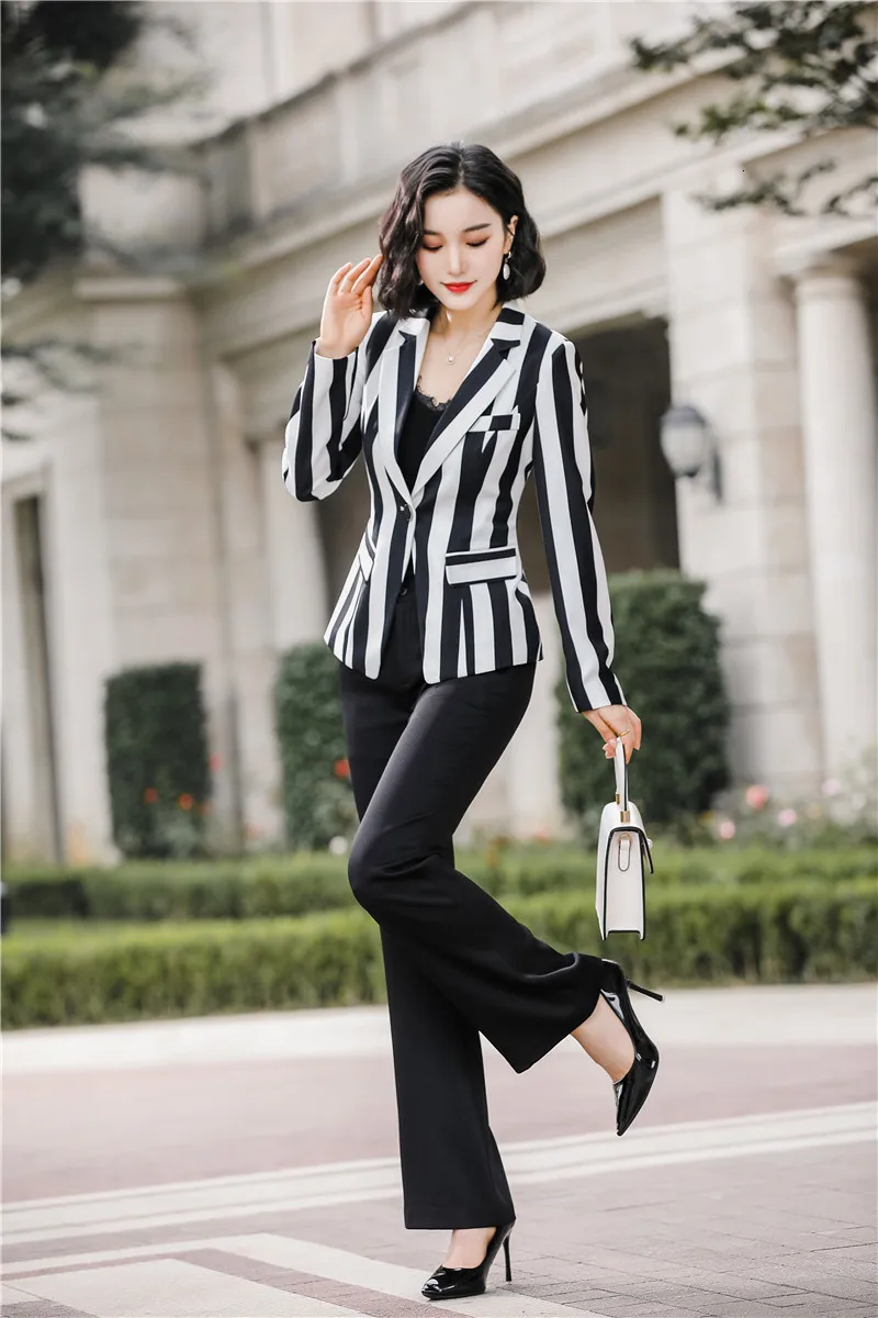 High Quality Fabric Striped Women Business Suits with Pants and Jackets Coat OL Styles Professional Ladies Blazers Pantsuits