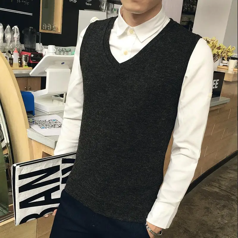 5 цветов трикотажные пуловеры Мужская майка без рукавов мужской свитер демисезонный Мужской винтажный свитер простой цвет уличная Мужской пуловер - Цвет: Deep Gray Wool Vest