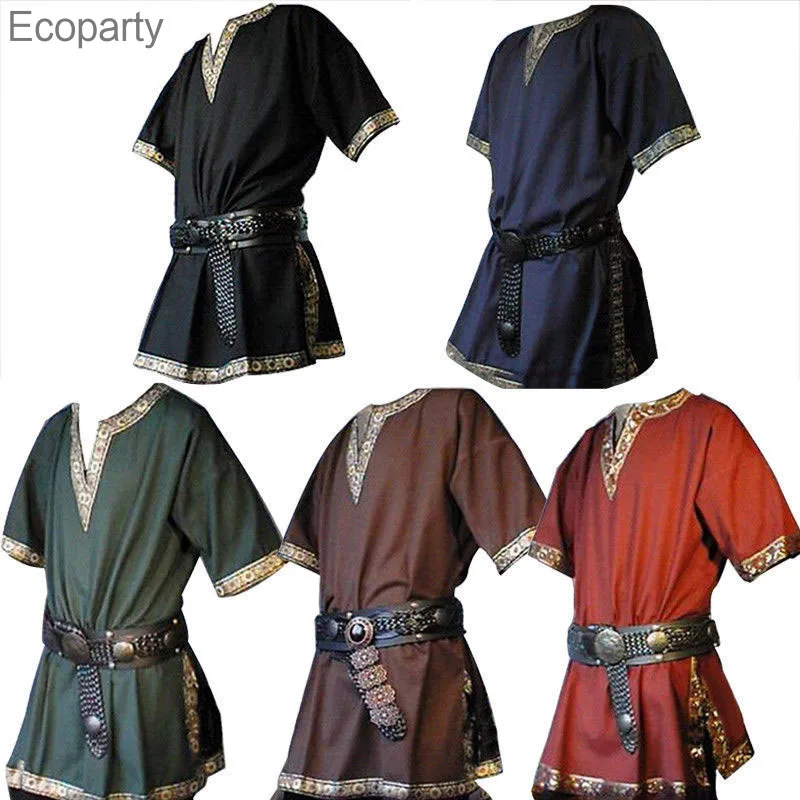 

S-6XL Size Halloween Medieval Costume Viking Pirate Shirt Adults Knight Warrior Tunic Norman LARP Tops Short Sleeve For Men 2022