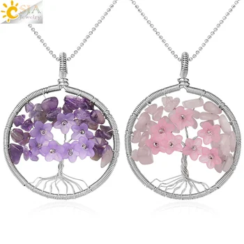 

CSJA Tree of Life Pendant Necklace Natural Stone Silver Color Wire Wrap Quartz Crystal Chip Bead Flower Reiki Jewelry Women G306