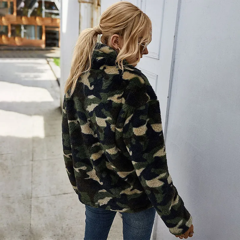 [Fluffy Camouflage Zipper Women's Sweatshirts Turn-down Collar Female Pullovers 2021 Autumnn Winter New Casual Ladies Sweatshirt]