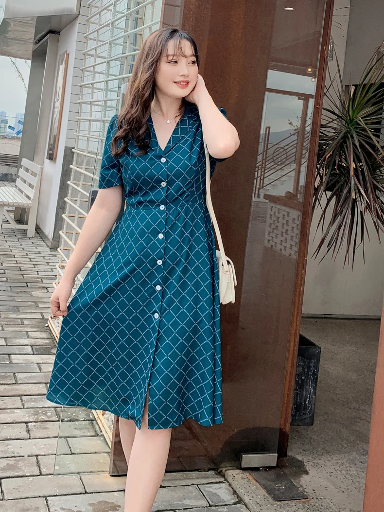 

Casual Women Plus Size 4XL Dress Toleen Brand Logo Print Dark Green Small Suit Collar Breasted Dress Robe Femme Vestidos