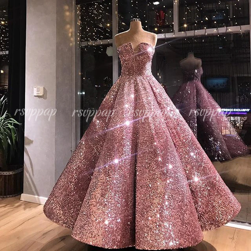 Длинное блестящее арабское женское вечернее платье Пышное Платье без рукавов с блестками розовое либанское Формальное вечернее платье