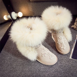 beige Модный стиль большой на натуральном лисьем меху; высокая обувь для женщин; женские ботинки; botas натуральная кожа, зимняя обувь, высокие сапоги высокого качества - Цвет: beige