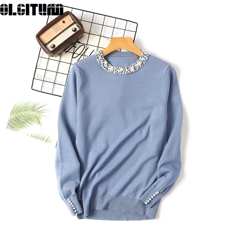 2020 Women Korean for Autumn and Winter Beaded Pullover O-Neck Long-Sleeved Sweater Loose Slimming Elegant Female Jumper Tops | Женская