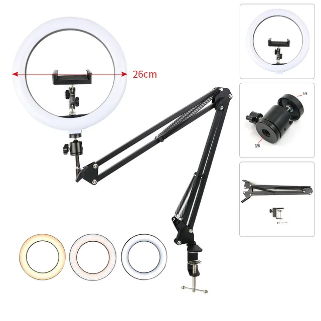 Photo Tripod Camera Tripod Table Stand with 10'' Dimmable Ring Fill Light Aluminum Control for Youtube Live Photo Studio Video