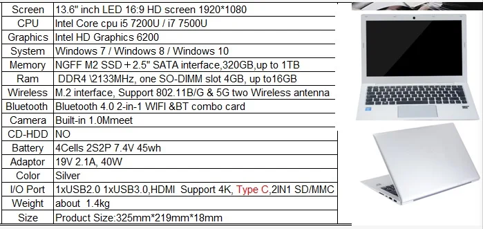 Портативный 13,6 дюймовый светодиодный HD1080* 1920 Intel Core i7-7500U cpu двухдиапазонный 2,4G& 5G WiFiLaptop Windows 10 система 8GB DDR4 128GB SSD