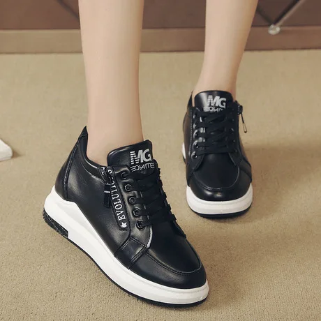 

2019 Spring New Style Korean-style round-Toe Lace-up Casual Shoes Women's Elevator Zipper Decorations Shoes Women's Shoes White