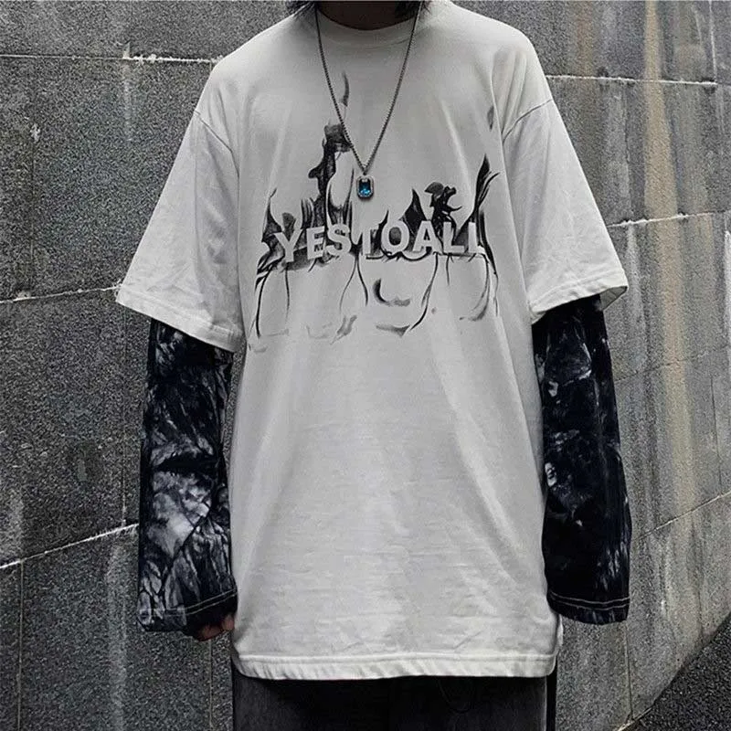NiceMix Harajuku/футболка с принтом тыквы и буквами; Поддельные 2 штуки; Лоскутная Повседневная футболка с длинными рукавами; женская и Мужская Уличная одежда; топы