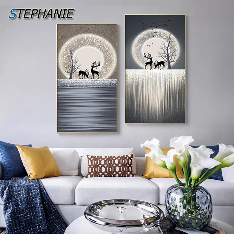 

Modern Landscape Posters Animals Deer Bird Wall Art Canvas Painting Nordic Tree Moon Wall Pictures Prints for Living Room Decor