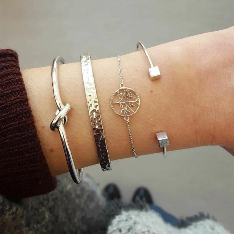 

4Pcs Vintage Silver Tie Knot Bracelets Bangles Jewelry Tree Of Life Twist Cuff Open Bangles For Women Costume Jewellery