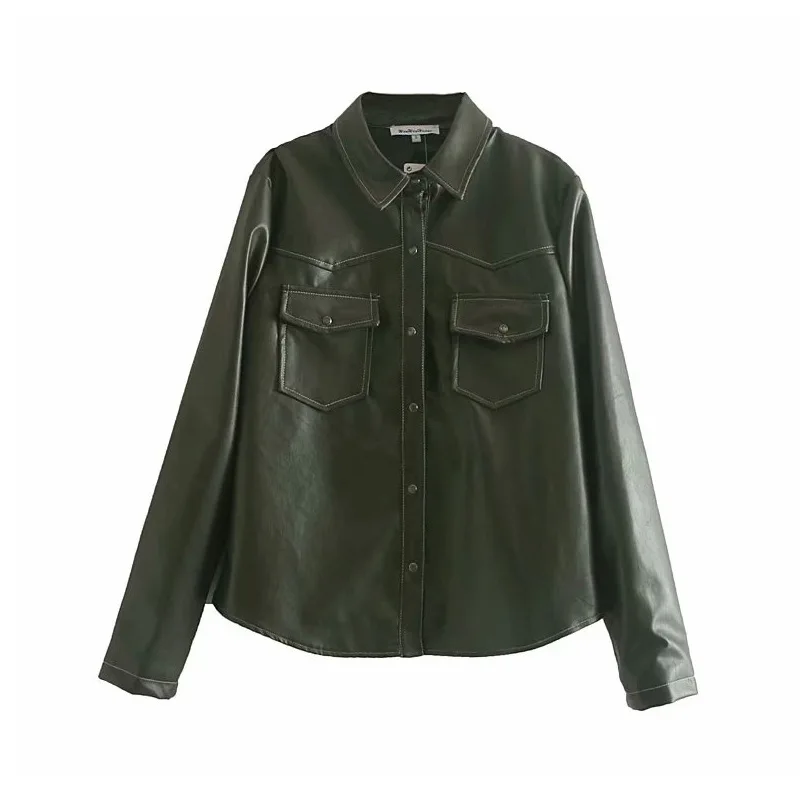 

Hn97 Loose-Fit Slimming Decorative Open-line Long Sleeve Leather Jacket Tops Versitile Fashion Coat