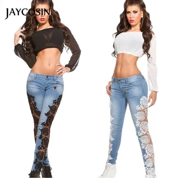 

JAYCOSIN Women's Pants Lace Hollow Out Floral Appliques Cowboy Skinny Denim Jeans Pencil Pant Stretch Vaqueros Mujer Casual 2020