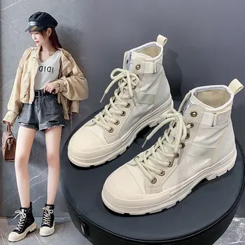

Autumn 2020 new leather canvas boots, women's British style, Casual Short boots, women's flat shoes
