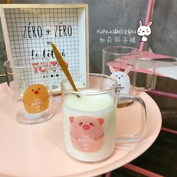 

Creative Cartoon Piggy Glass Cute Transparent Borosilicate Water Cup with Handle 400ml Large Capacity Household Milk Juice Cups